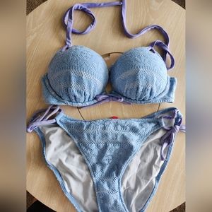 Victoria Secret Lace Light Blue Bikini Set 34B Top Large Bottom Purple Ties